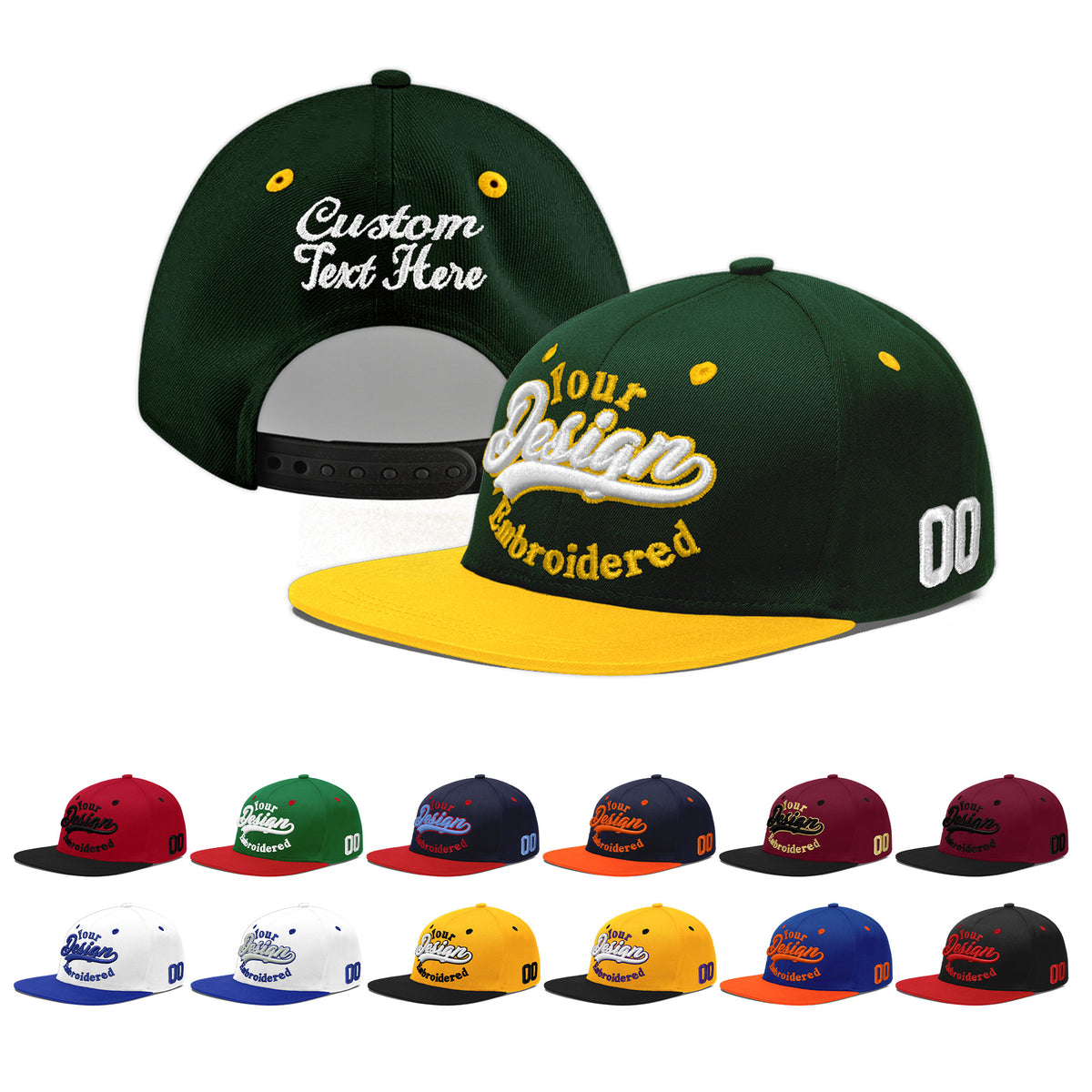 Custom Green Gold 3D Puff Embroidery Flat Embroidery Casual Sport Baseball Cap