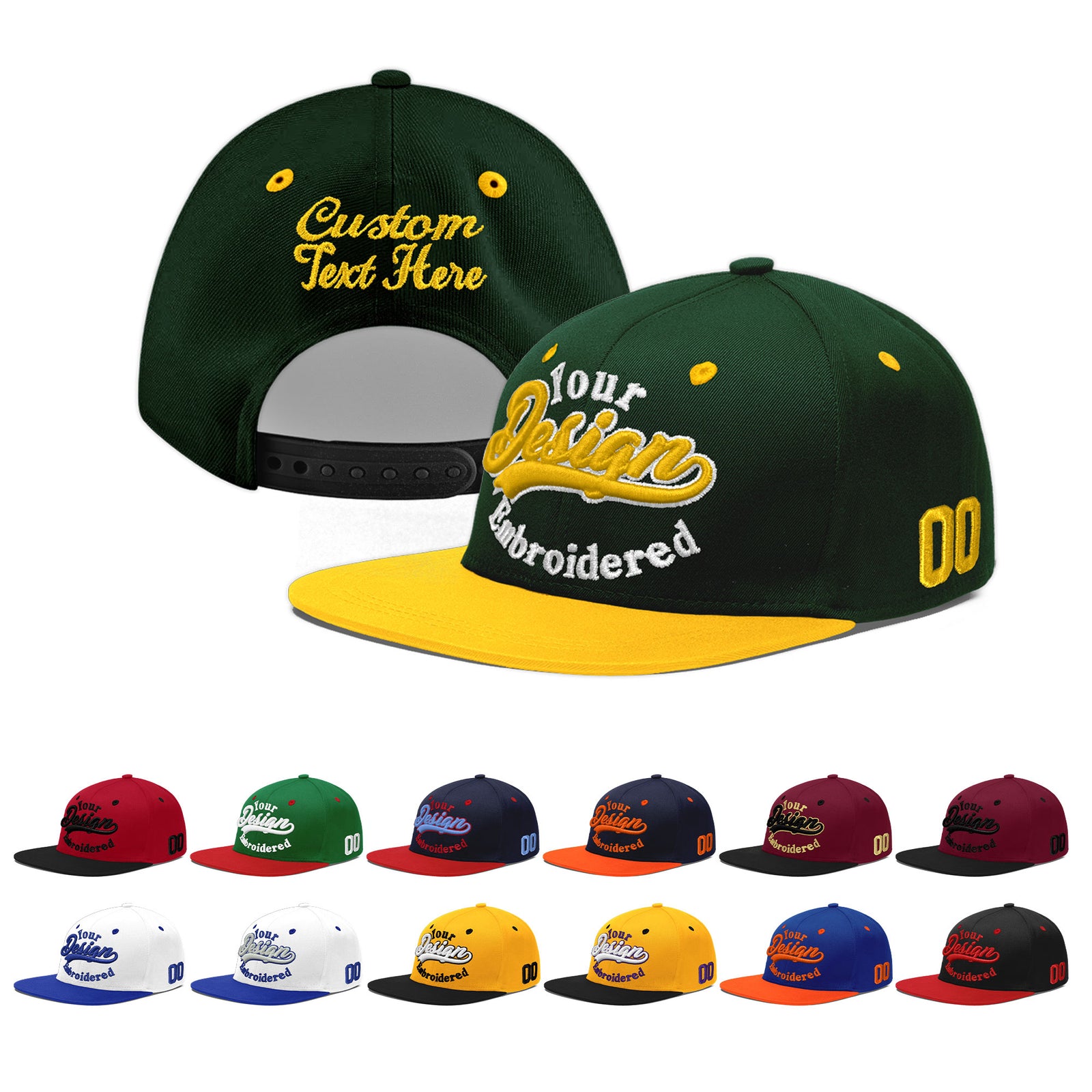 Custom Green Gold 3D Puff Embroidery Flat Embroidery Casual Sport Baseball Cap