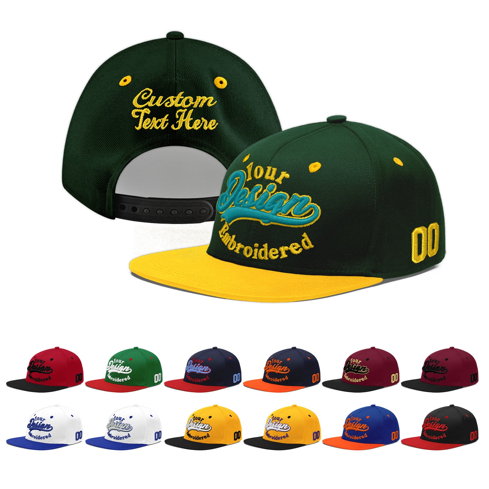 Custom Green Gold 3D Puff Embroidery Flat Embroidery Casual Sport Baseball Cap