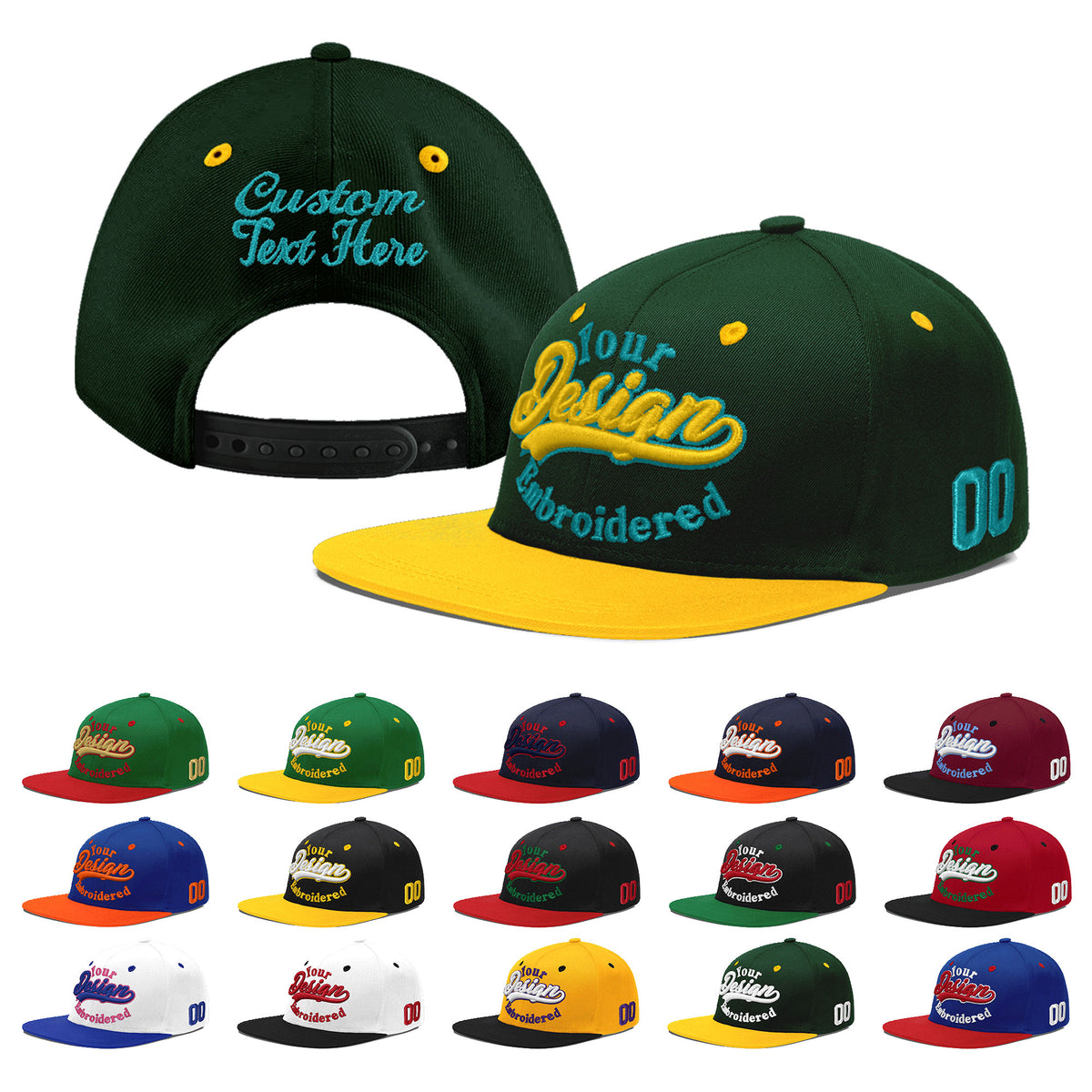 Custom Green Gold 3D Puff Embroidery Flat Embroidery Casual Sport Baseball Cap