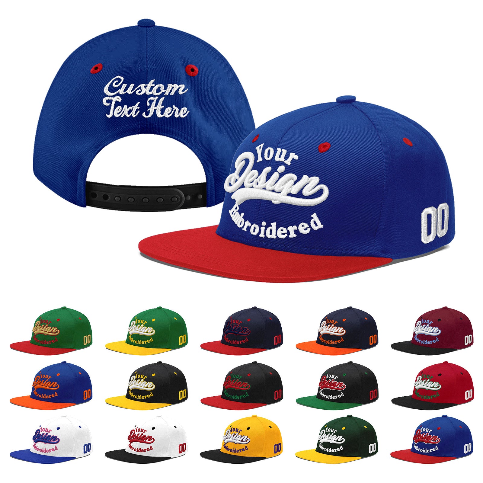 Custom Royal Blue Red 3D Puff Embroidery Flat Embroidery Casual Sport Baseball Cap