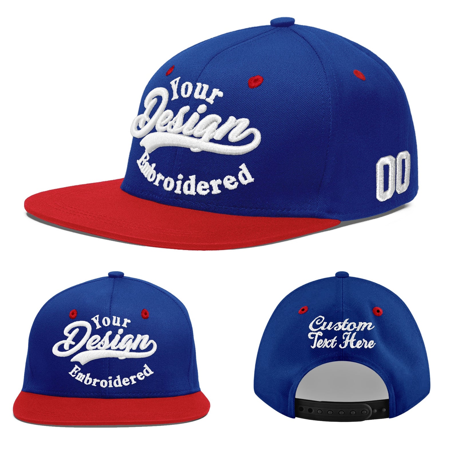 Custom Royal Blue Red 3D Puff Embroidery Flat Embroidery Casual Sport Baseball Cap
