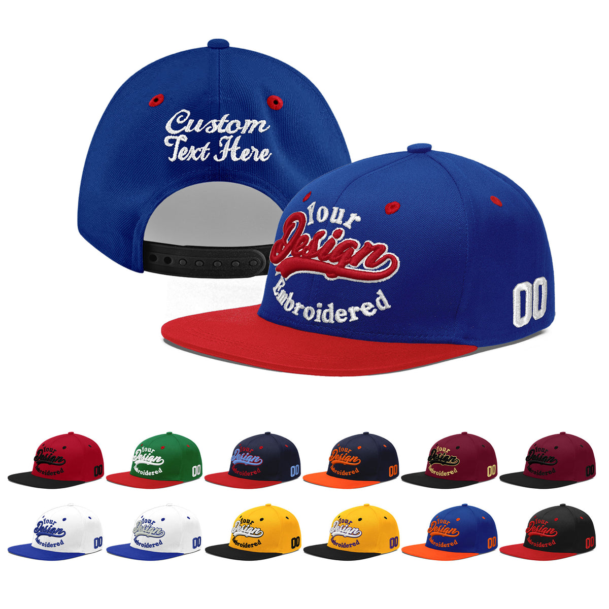Custom Royal Blue Red 3D Puff Embroidery Flat Embroidery Casual Sport Baseball Cap