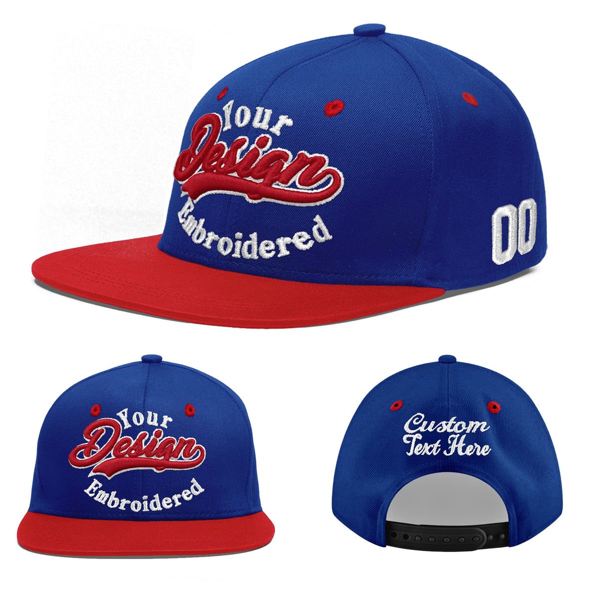 Custom Royal Blue Red 3D Puff Embroidery Flat Embroidery Casual Sport Baseball Cap