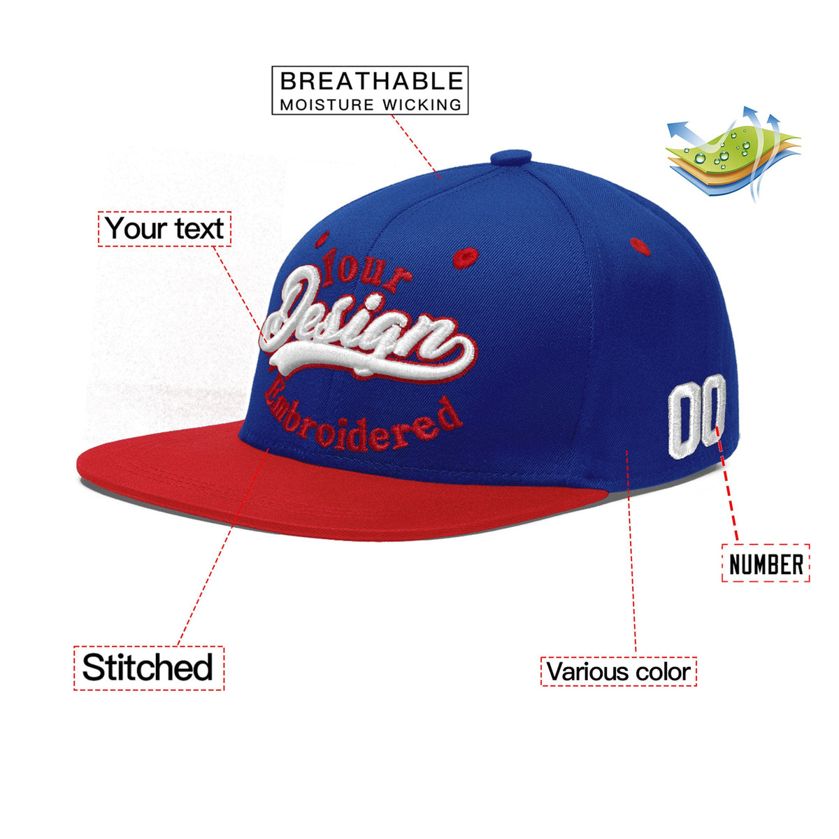 Custom Royal Blue Red 3D Puff Embroidery Flat Embroidery Casual Sport Baseball Cap