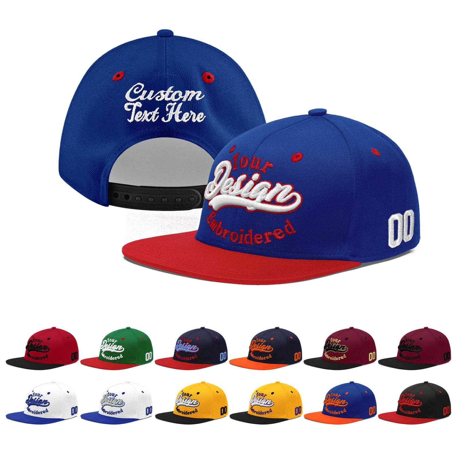Custom Royal Blue Red 3D Puff Embroidery Flat Embroidery Casual Sport Baseball Cap