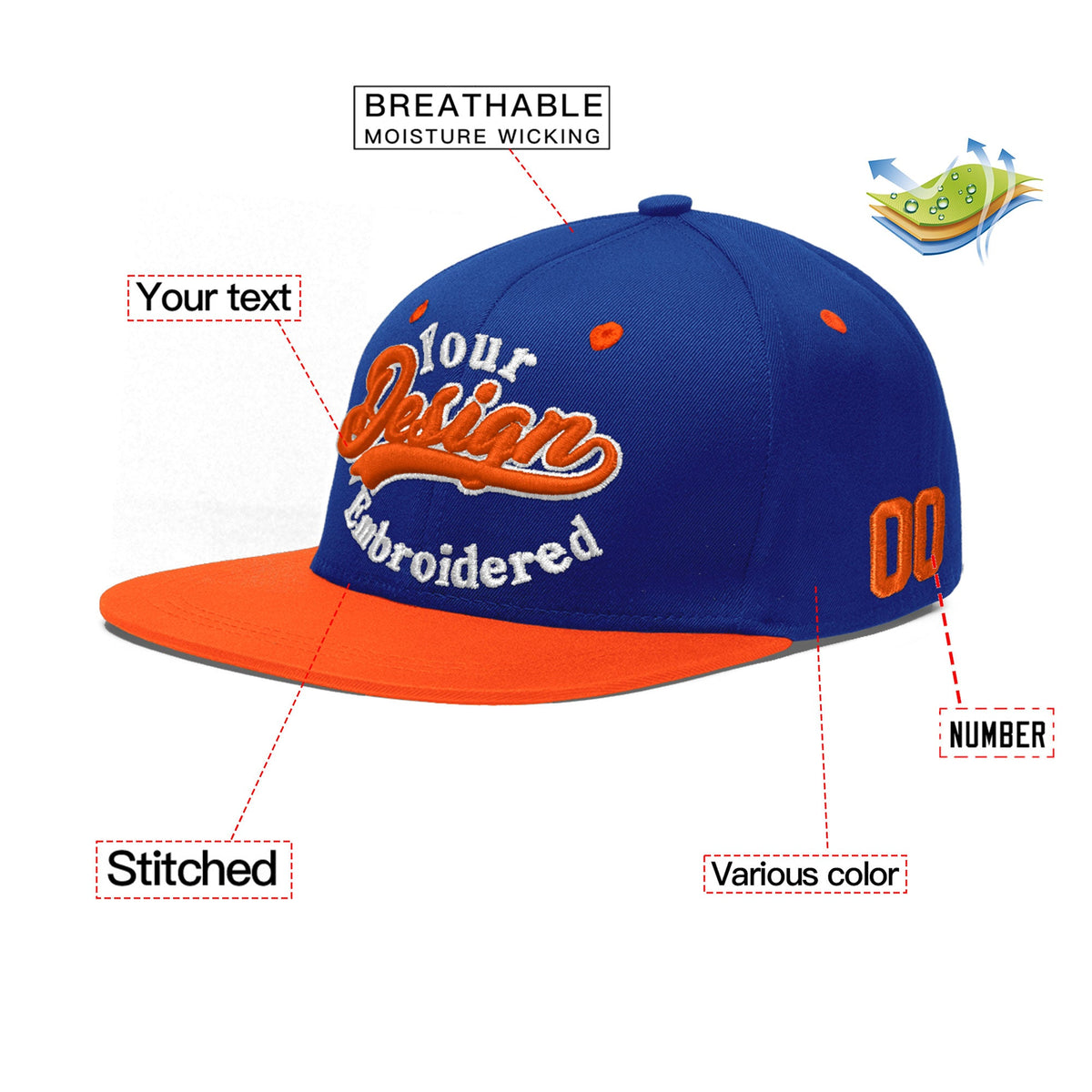 Custom Royal Blue Orange 3D Puff Embroidery Flat Embroidery Casual Sport Baseball Cap