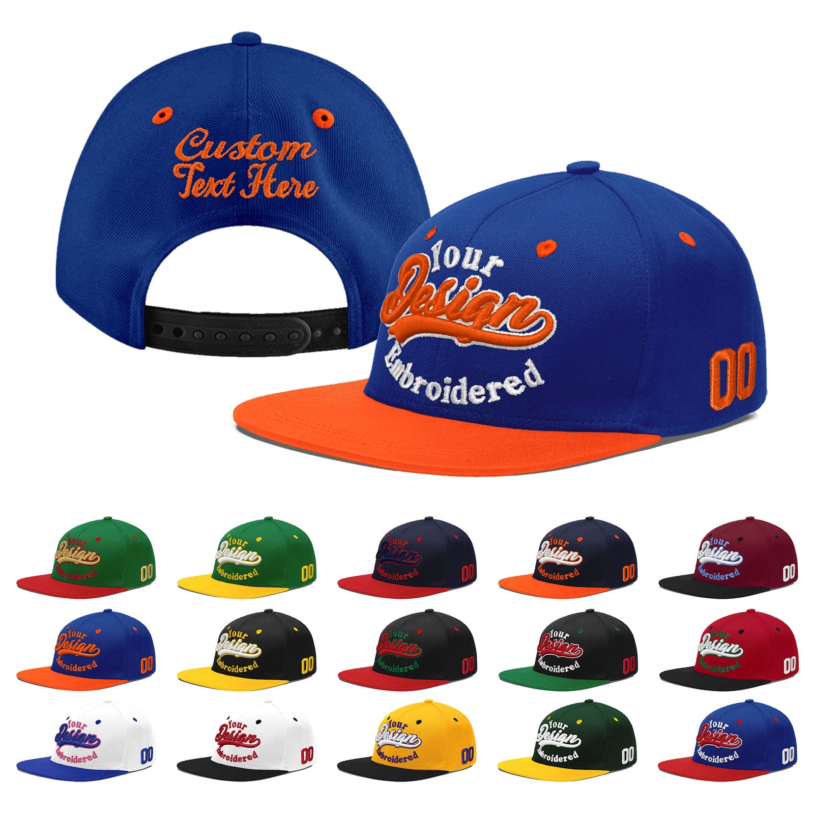 Custom Royal Blue Orange 3D Puff Embroidery Flat Embroidery Casual Sport Baseball Cap
