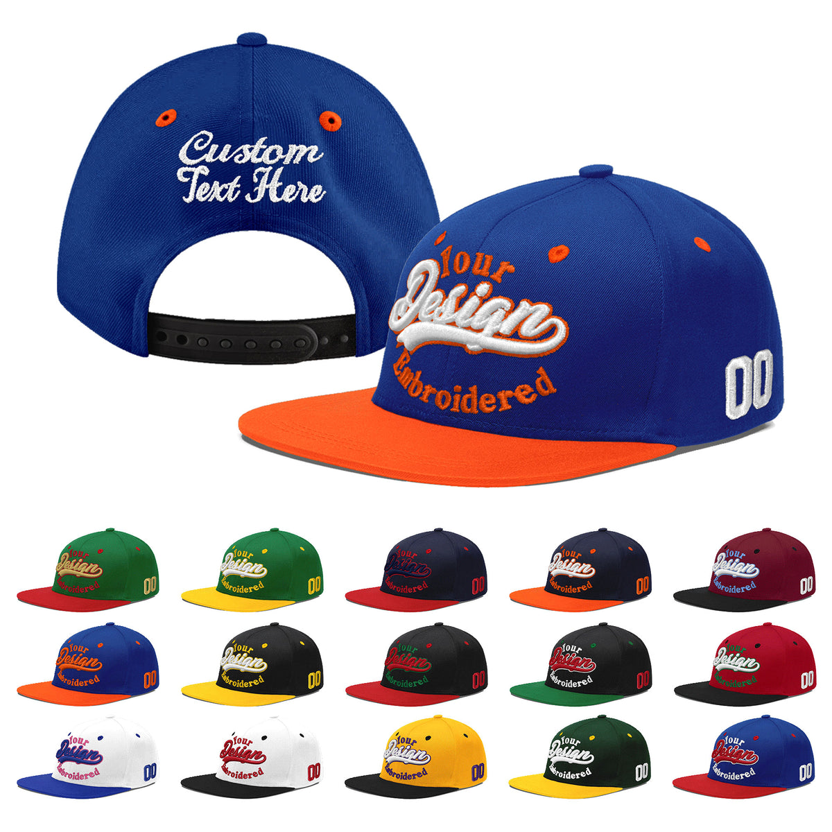 Custom Royal Blue Orange 3D Puff Embroidery Flat Embroidery Casual Sport Baseball Cap