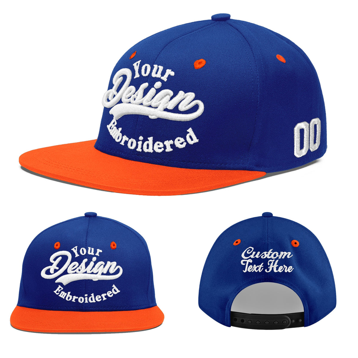 Custom Royal Blue Orange 3D Puff Embroidery Flat Embroidery Casual Sport Baseball Cap
