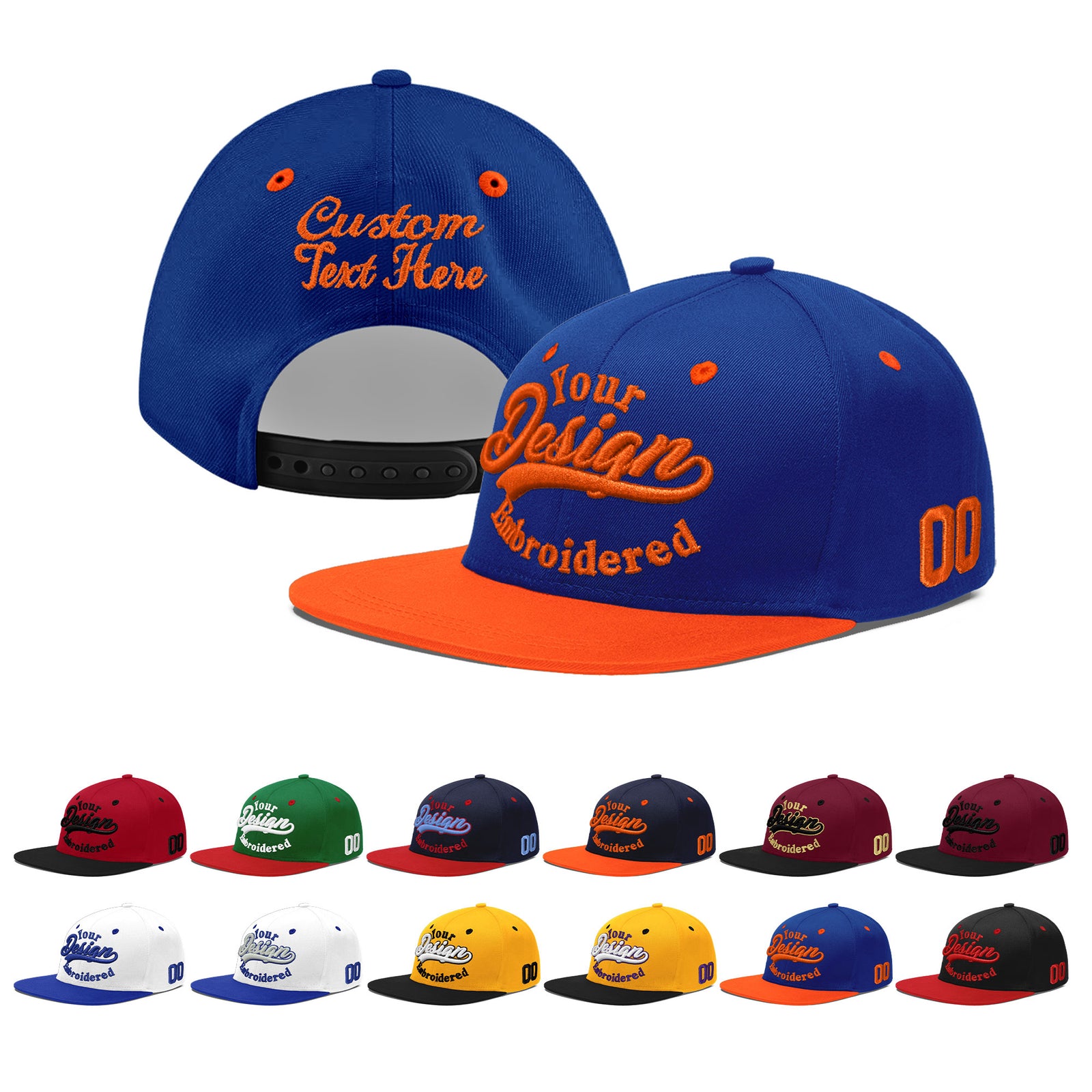 Custom Royal Blue Orange 3D Puff Embroidery Flat Embroidery Casual Sport Baseball Cap