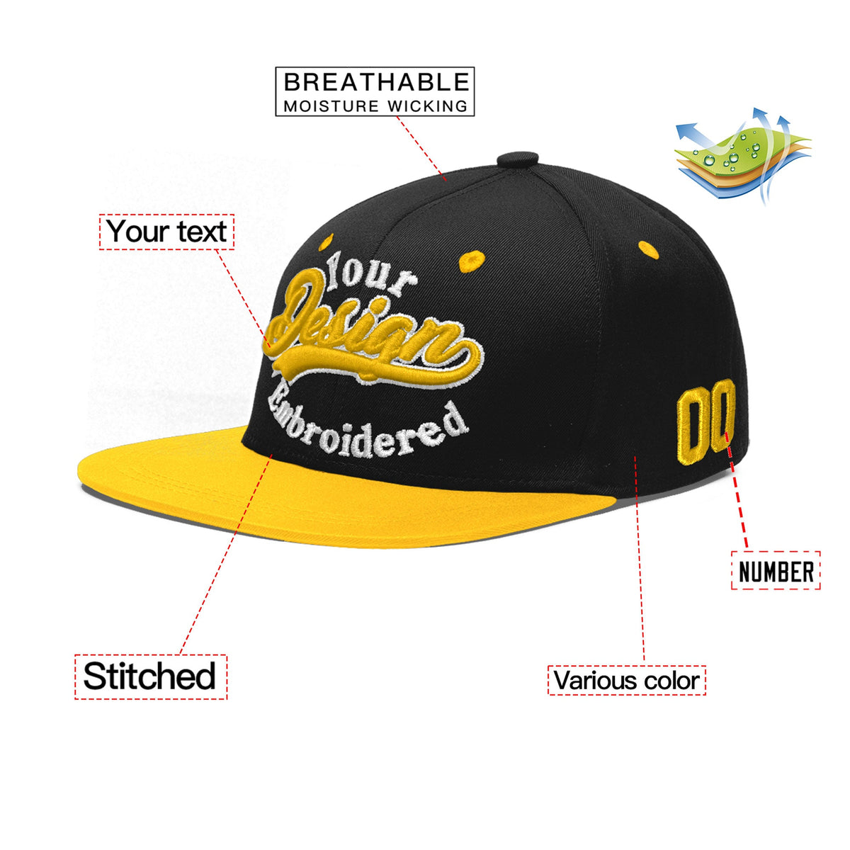 Custom Black Gold 3D Puff Embroidery Flat Embroidery Casual Sport Baseball Cap