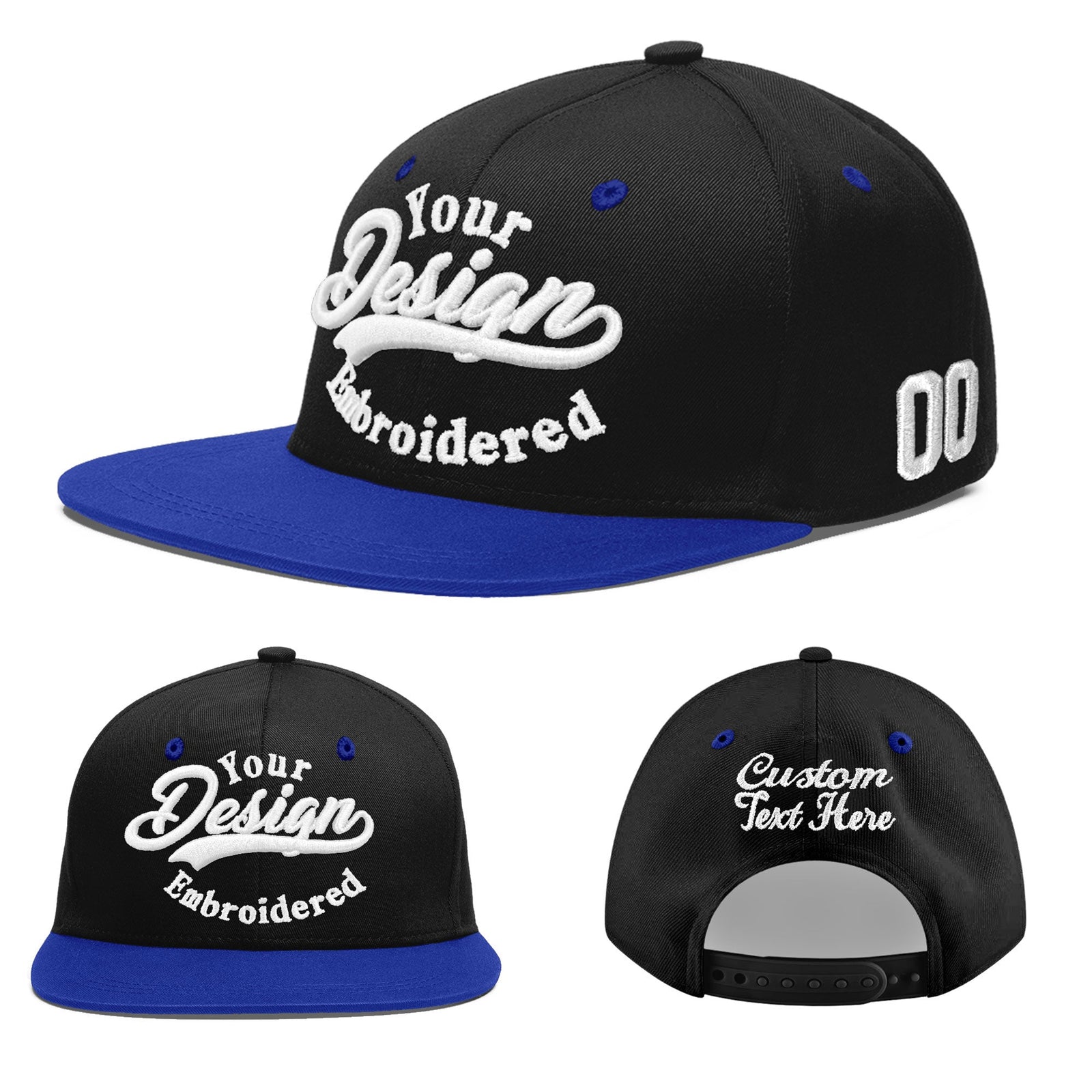 Custom Black Royal Blue 3D Puff Embroidery Flat Embroidery Casual Sport Baseball Cap