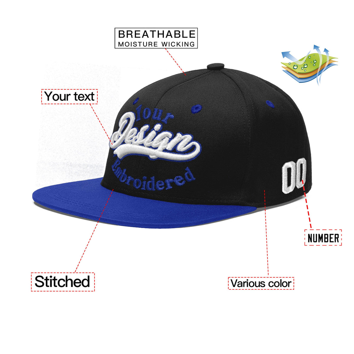 Custom Black Royal Blue 3D Puff Embroidery Flat Embroidery Casual Sport Baseball Cap