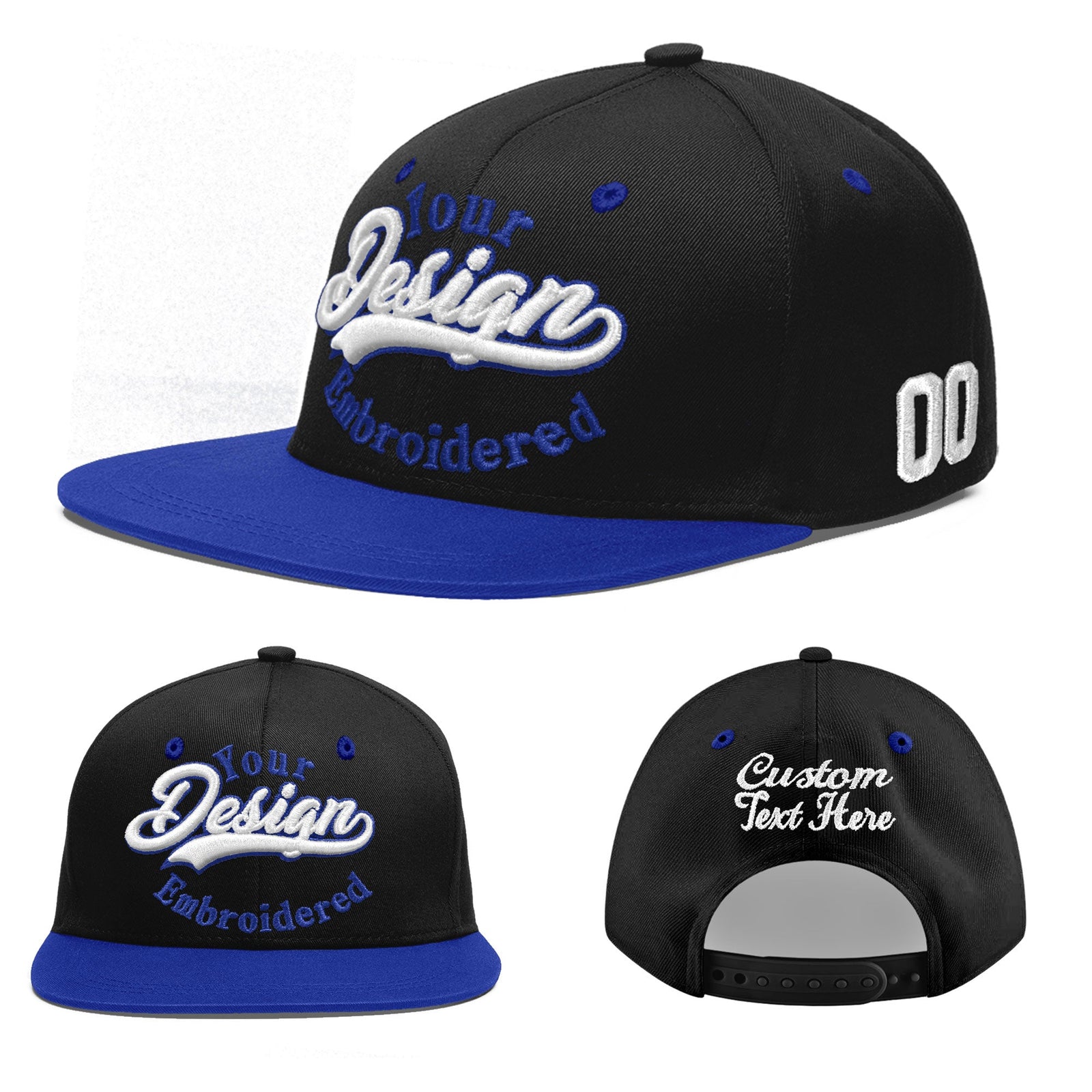 Custom Black Royal Blue 3D Puff Embroidery Flat Embroidery Casual Sport Baseball Cap