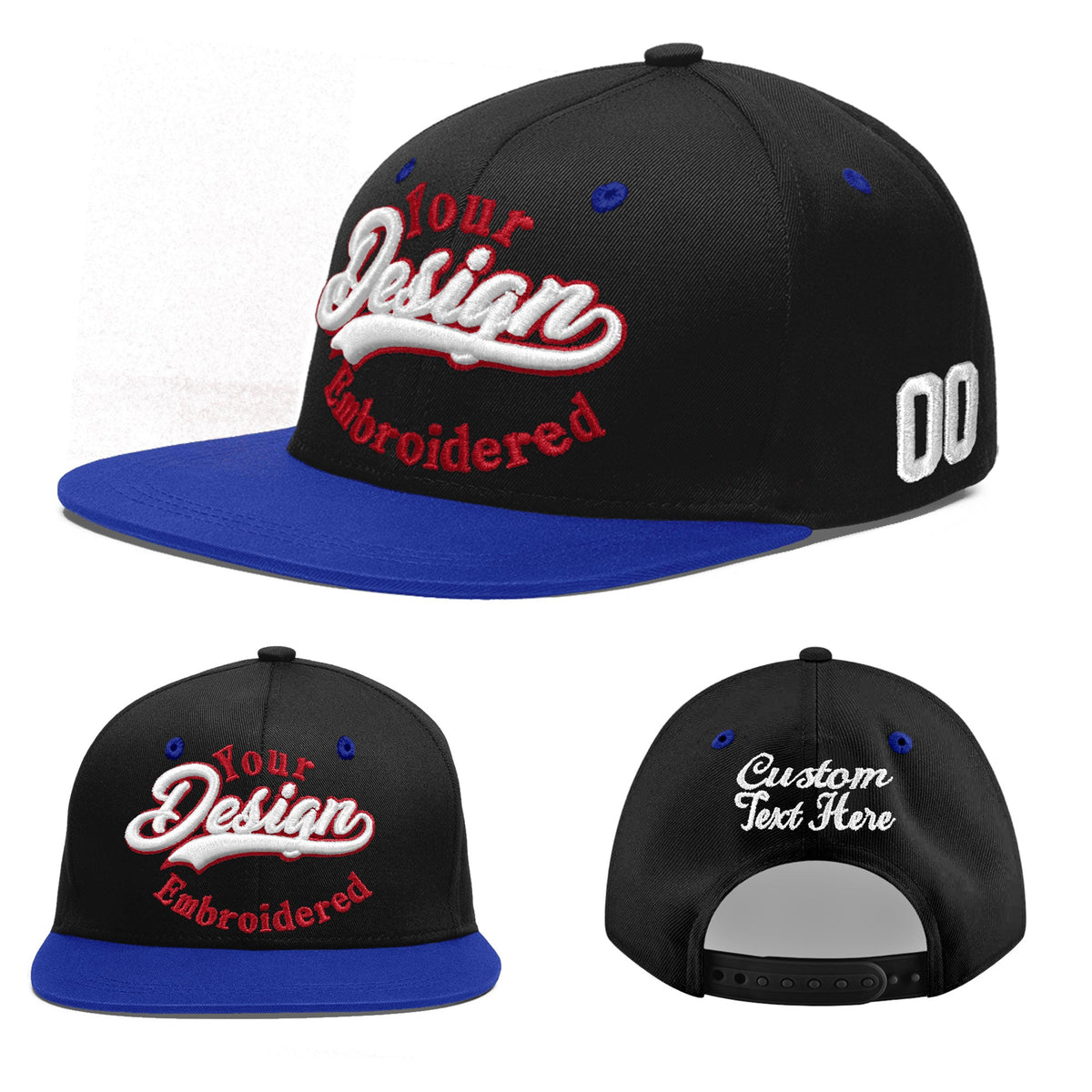Custom Black Royal Blue 3D Puff Embroidery Flat Embroidery Casual Sport Baseball Cap