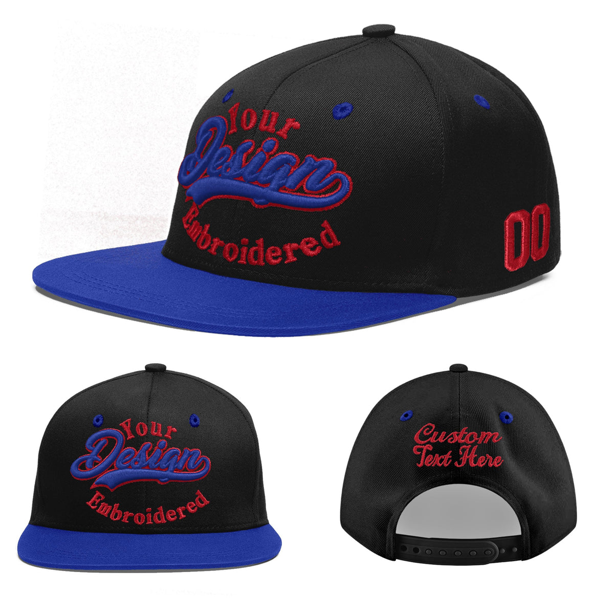 Custom Black Royal Blue 3D Puff Embroidery Flat Embroidery Casual Sport Baseball Cap