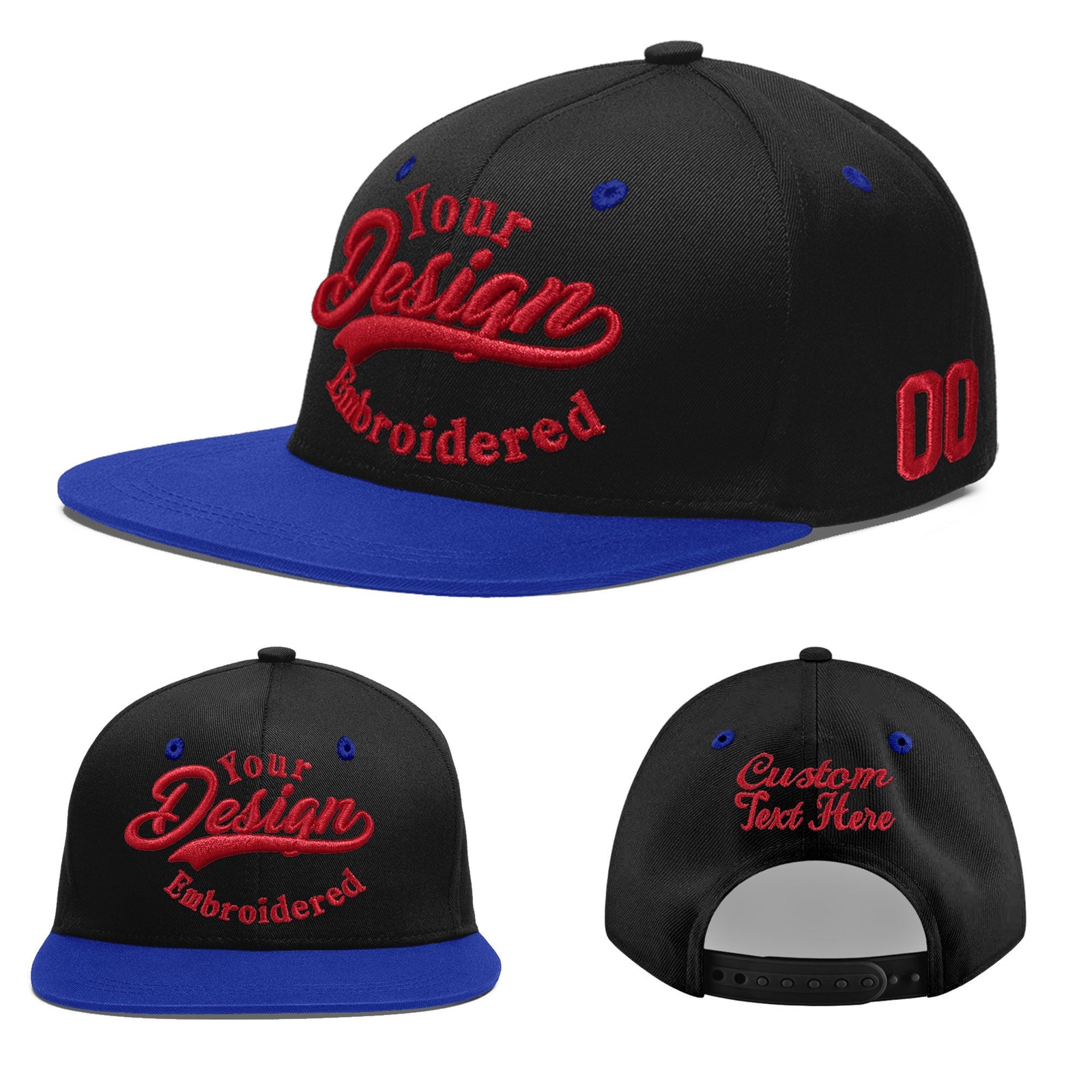 Custom Black Royal Blue 3D Puff Embroidery Flat Embroidery Casual Sport Baseball Cap