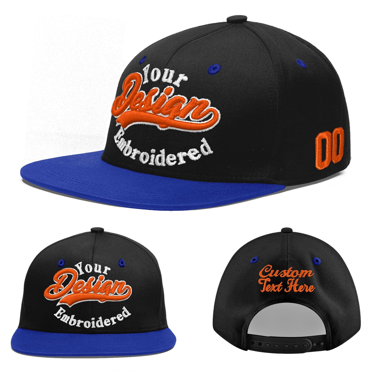 Custom Black Royal Blue 3D Puff Embroidery Flat Embroidery Casual Sport Baseball Cap