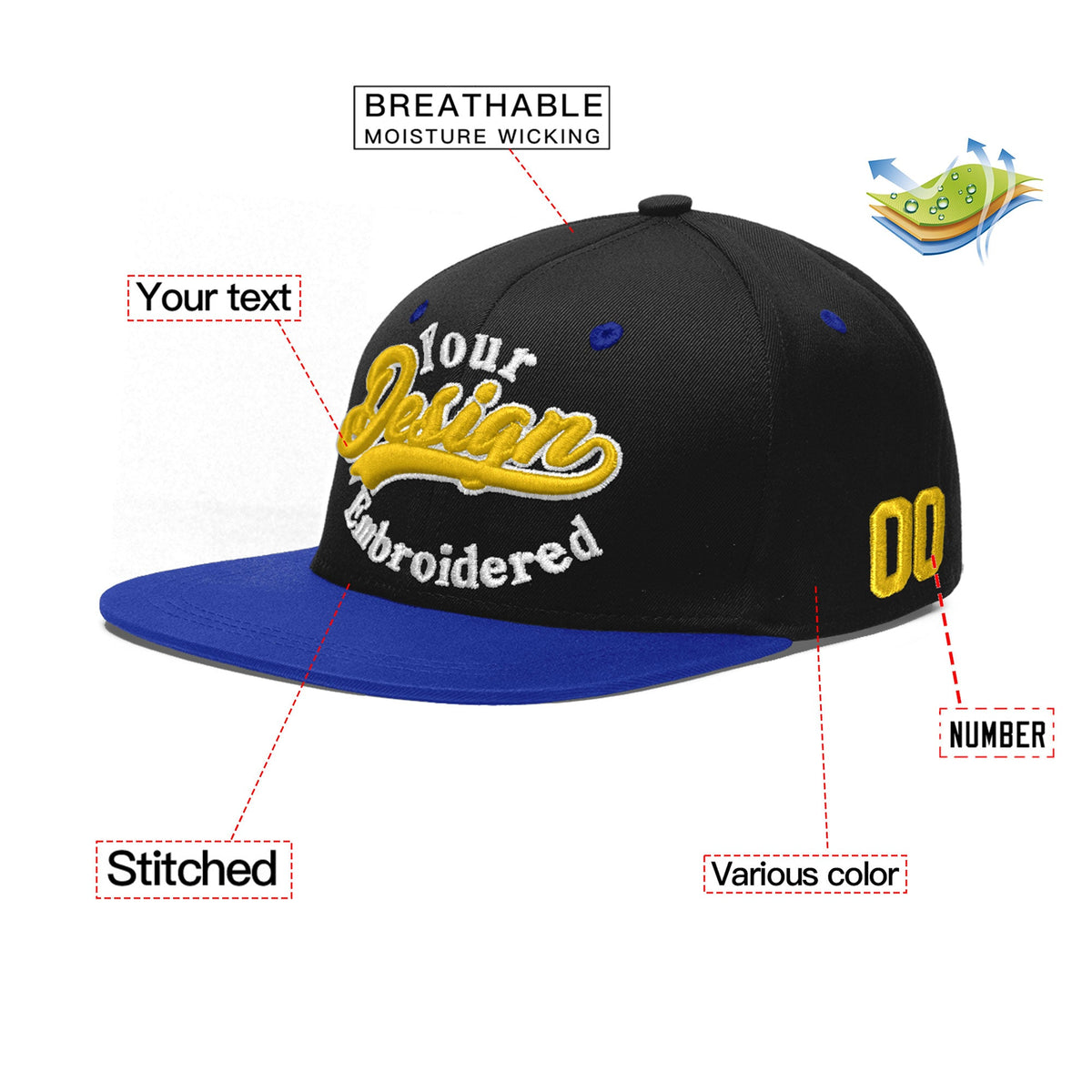 Custom Black Royal Blue 3D Puff Embroidery Flat Embroidery Casual Sport Baseball Cap