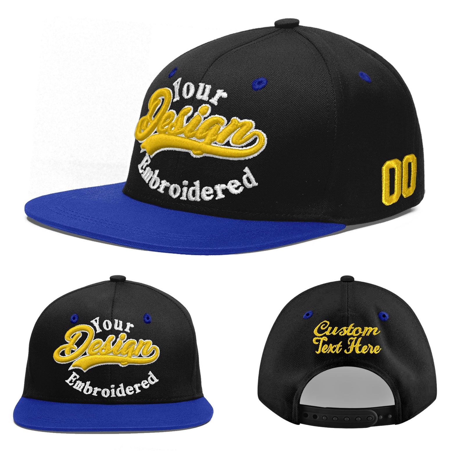 Custom Black Royal Blue 3D Puff Embroidery Flat Embroidery Casual Sport Baseball Cap