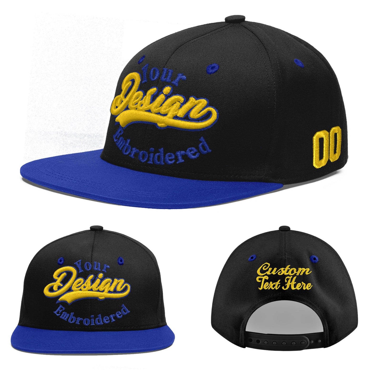 Custom Black Royal Blue 3D Puff Embroidery Flat Embroidery Casual Sport Baseball Cap
