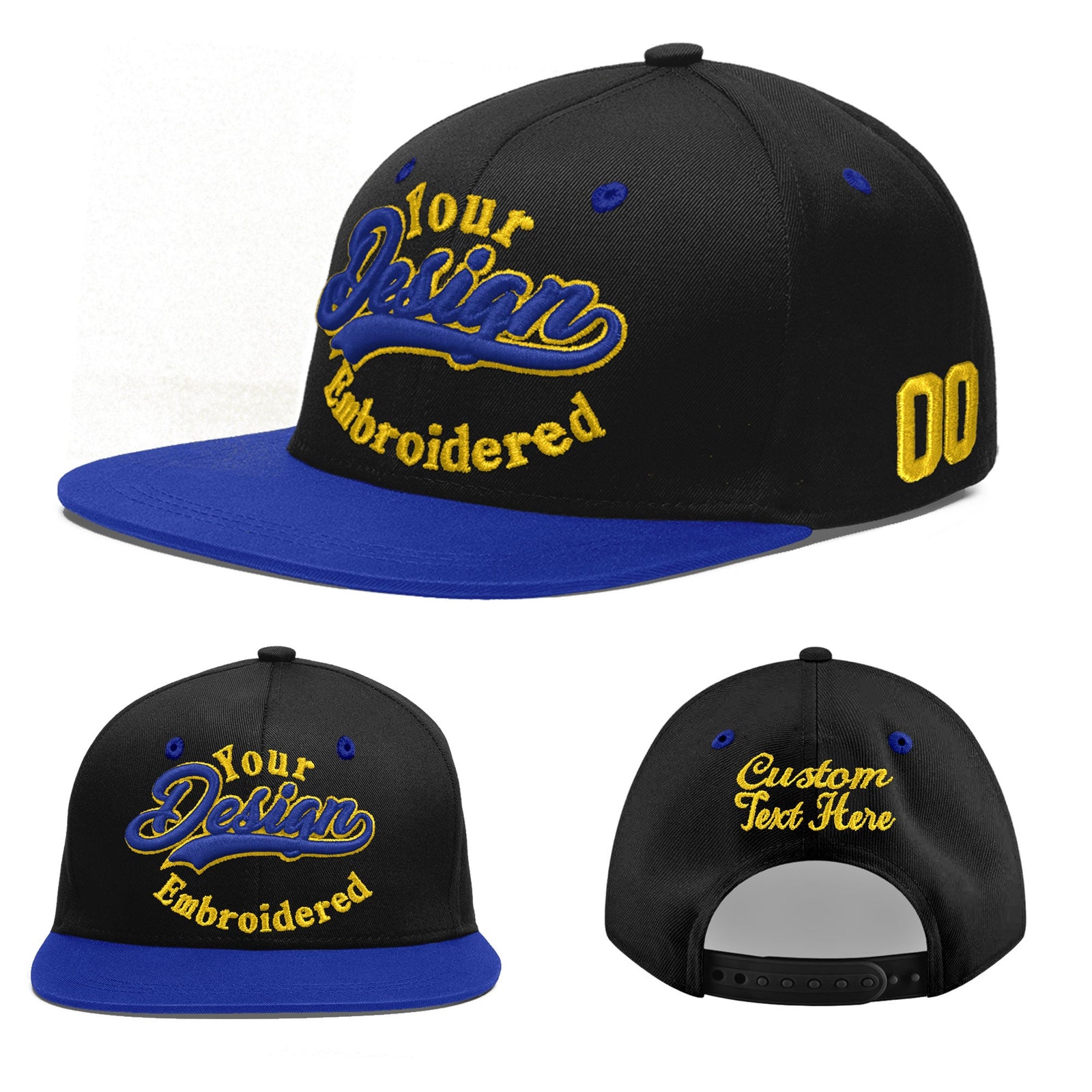 Custom Black Royal Blue 3D Puff Embroidery Flat Embroidery Casual Sport Baseball Cap