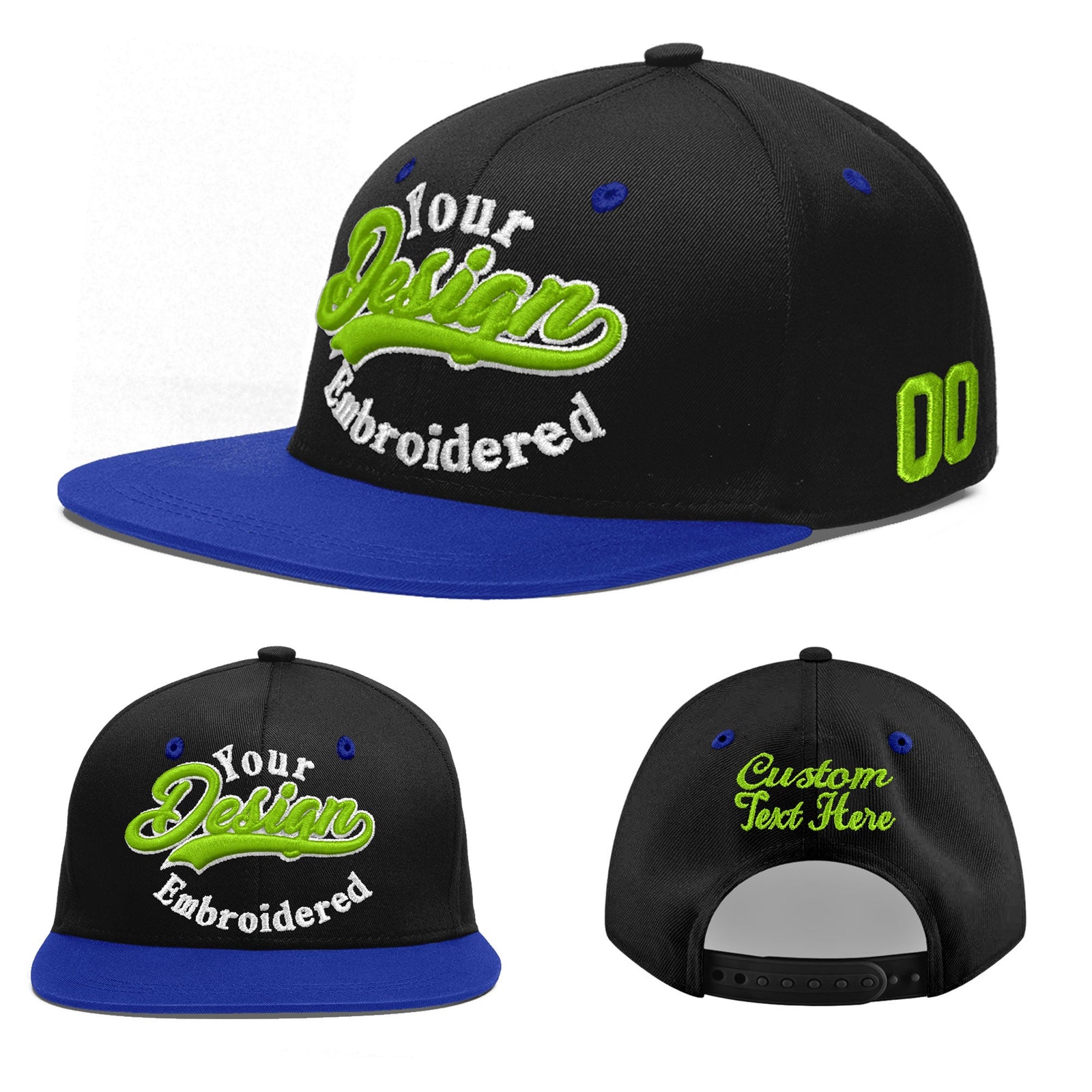 Custom Black Royal Blue 3D Puff Embroidery Flat Embroidery Casual Sport Baseball Cap