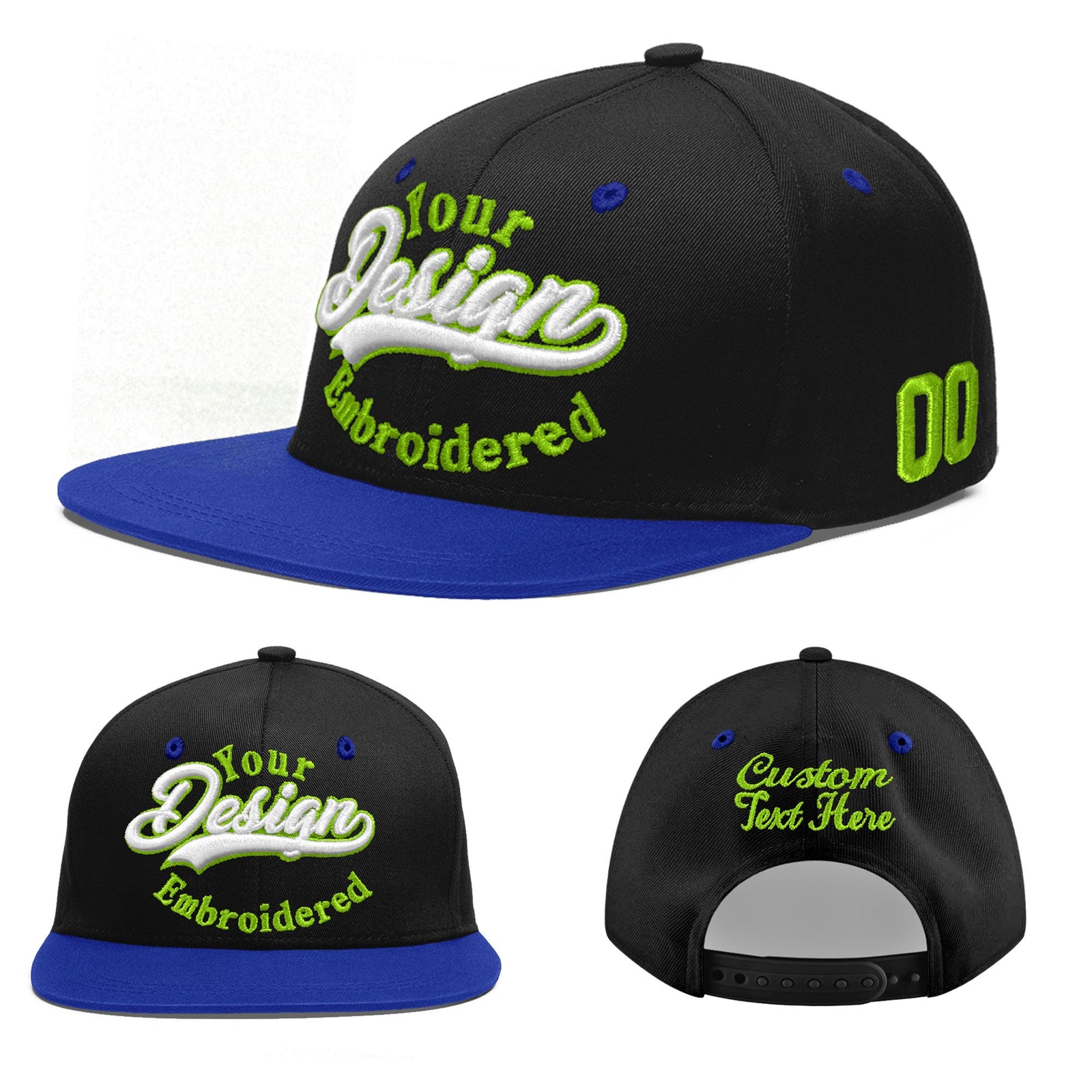 Custom Black Royal Blue 3D Puff Embroidery Flat Embroidery Casual Sport Baseball Cap