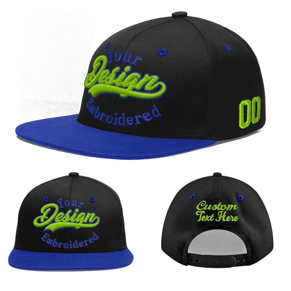 Custom Black Royal Blue 3D Puff Embroidery Flat Embroidery Casual Sport Baseball Cap