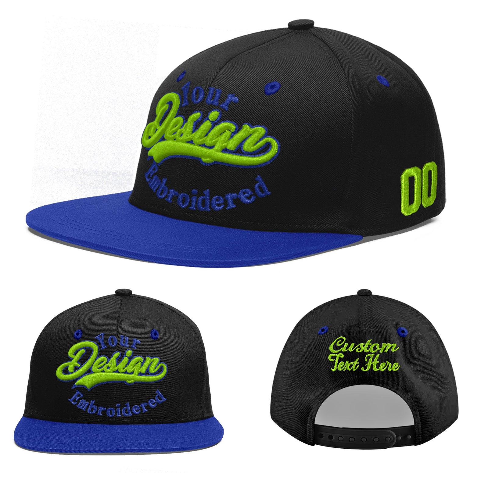 Custom Black Royal Blue 3D Puff Embroidery Flat Embroidery Casual Sport Baseball Cap