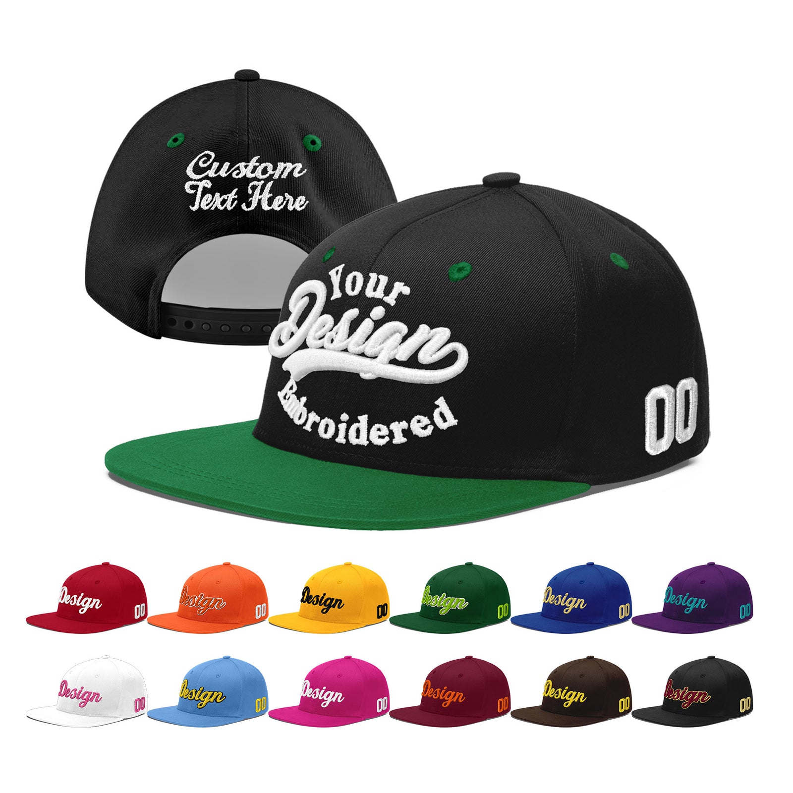 Custom Black Kelly Green 3D Puff Embroidery Flat Embroidery Casual Sport Baseball Cap
