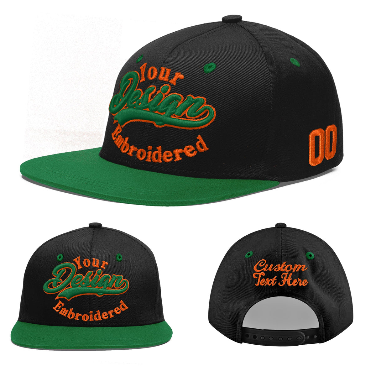 Custom Black Kelly Green 3D Puff Embroidery Flat Embroidery Casual Sport Baseball Cap
