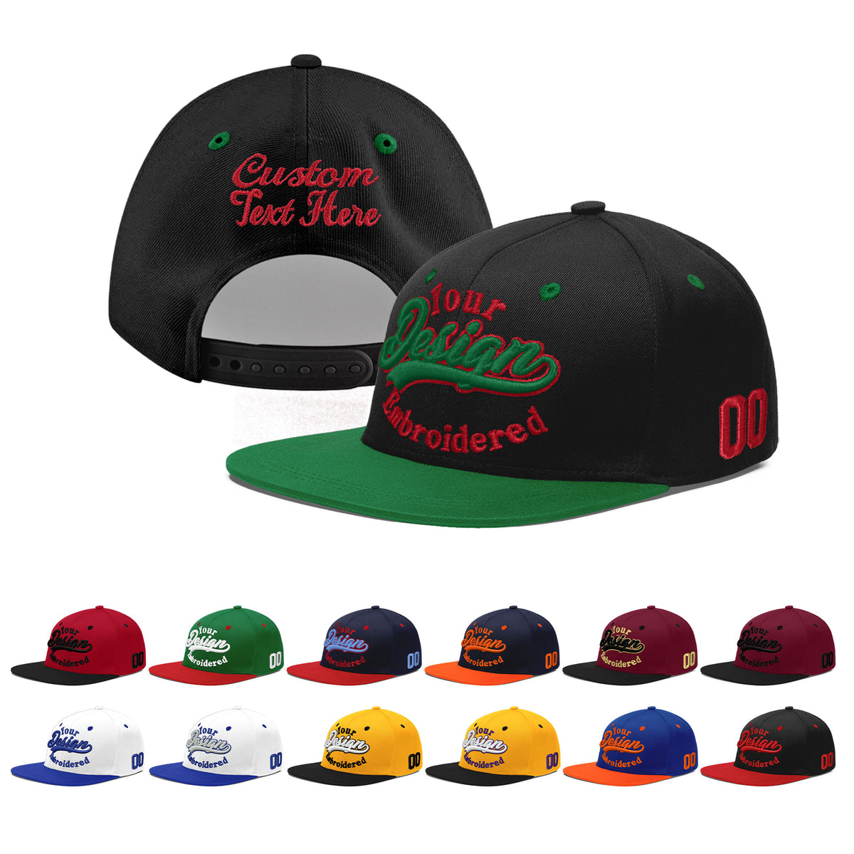 Custom Black Kelly Green 3D Puff Embroidery Flat Embroidery Casual Sport Baseball Cap