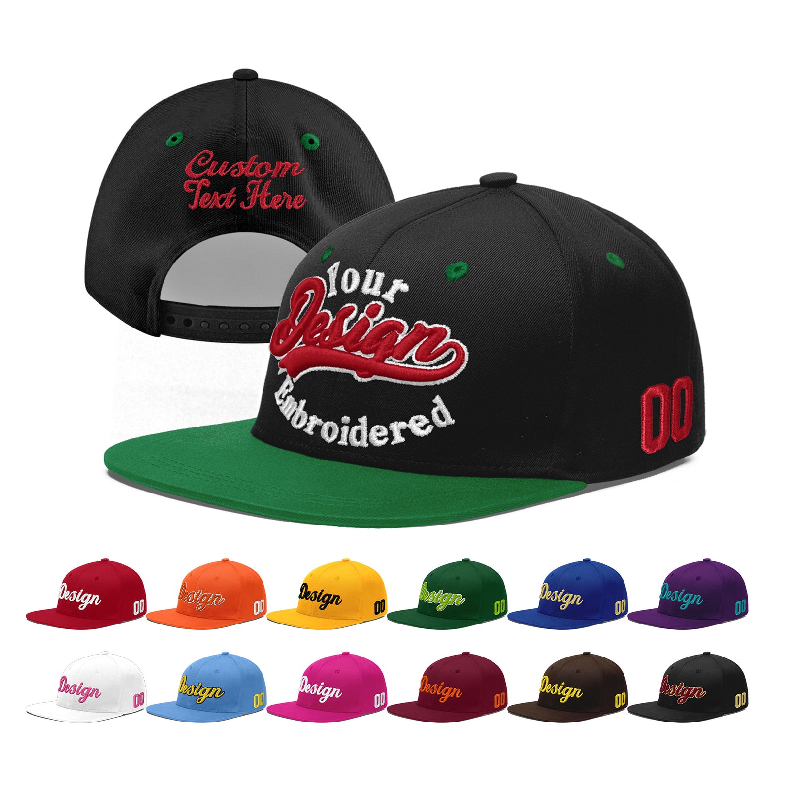 Custom Black Kelly Green 3D Puff Embroidery Flat Embroidery Casual Sport Baseball Cap