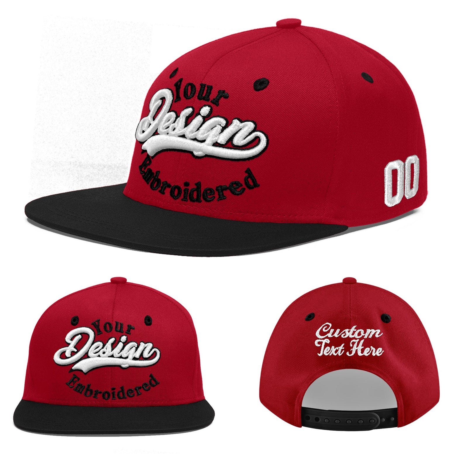 Custom Red Black 3D Puff Embroidery Flat Embroidery Casual Sport Baseball Cap