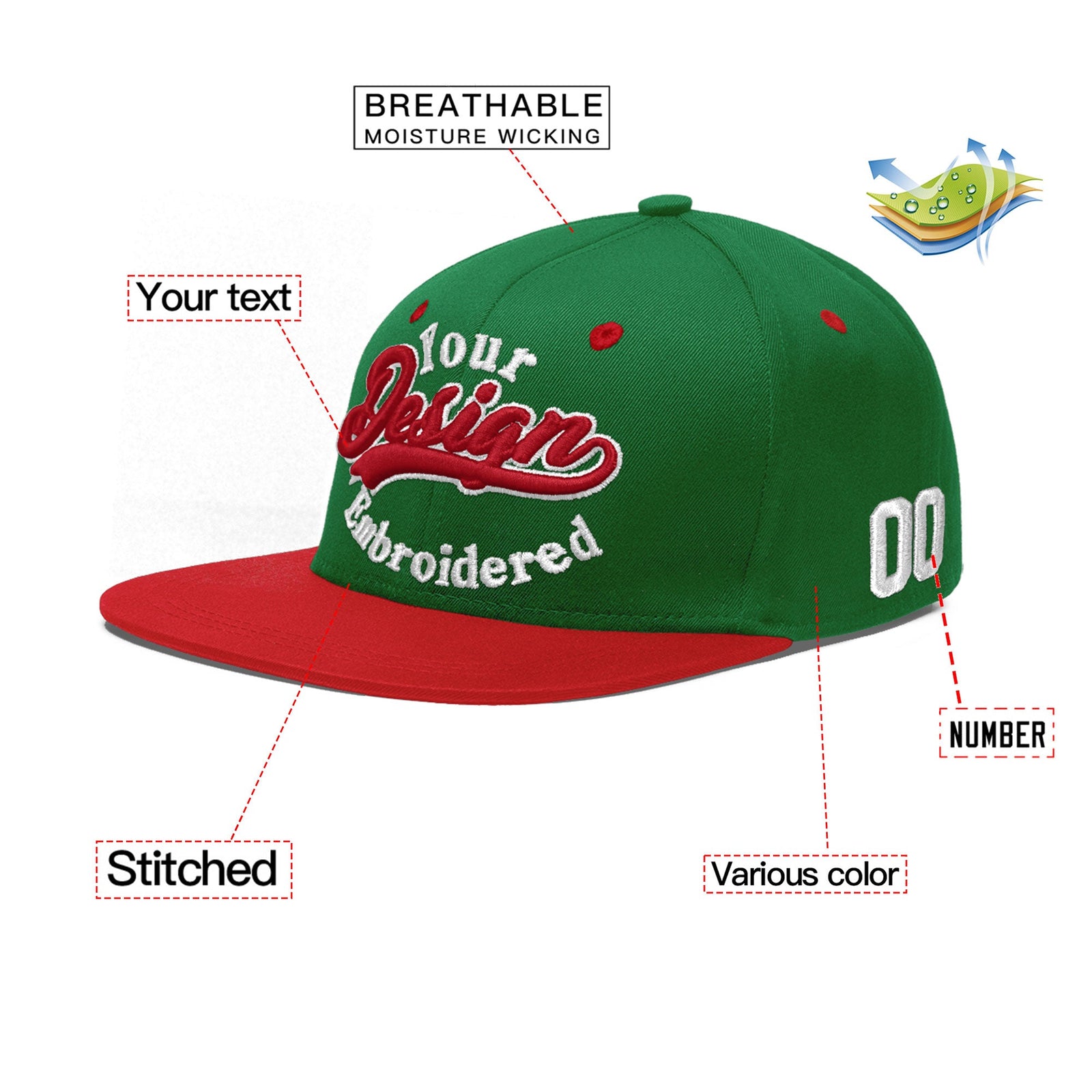 Custom Kelly Green Red 3D Puff Embroidery Flat Embroidery Casual Sport Baseball Cap