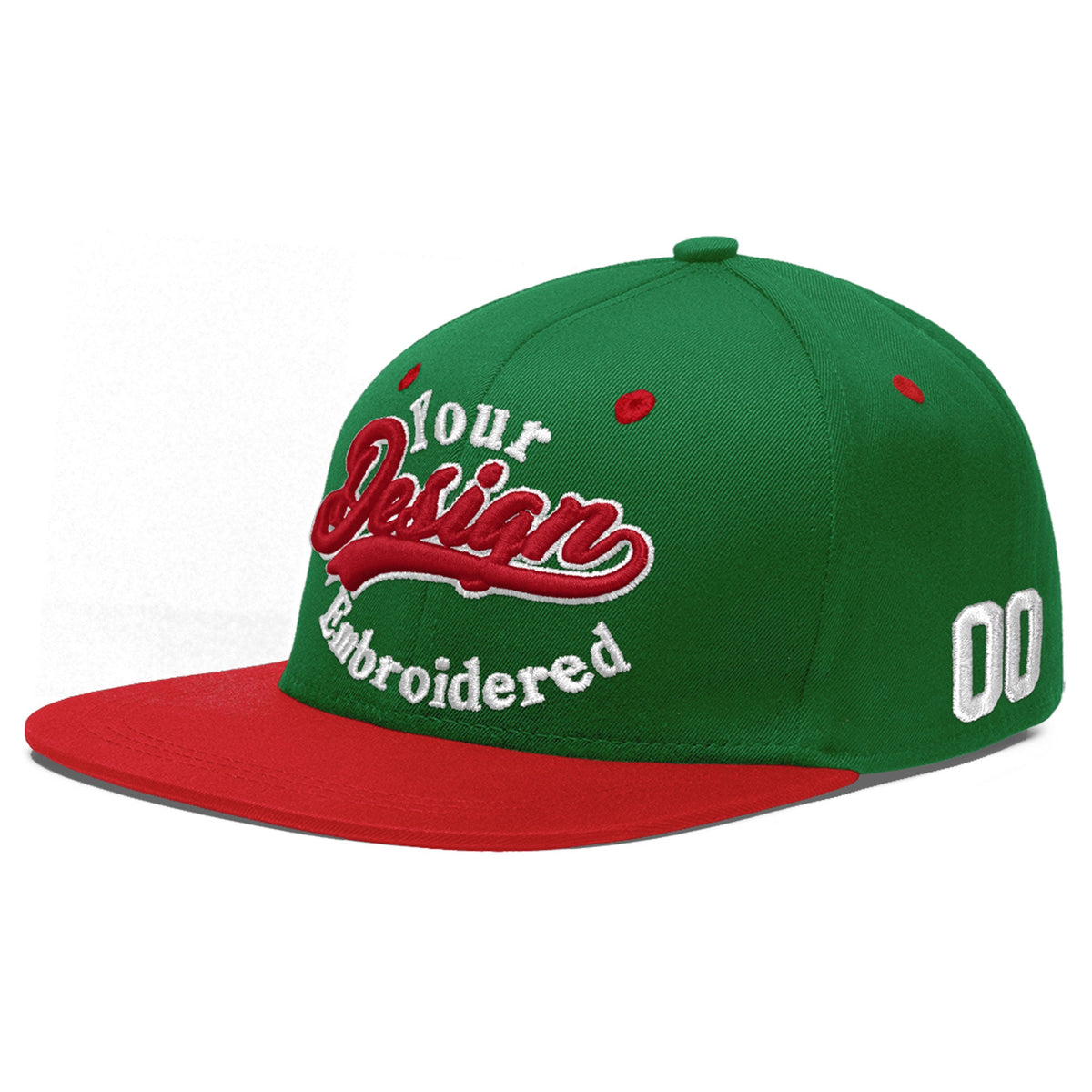 Custom Kelly Green Red 3D Puff Embroidery Flat Embroidery Casual Sport Baseball Cap