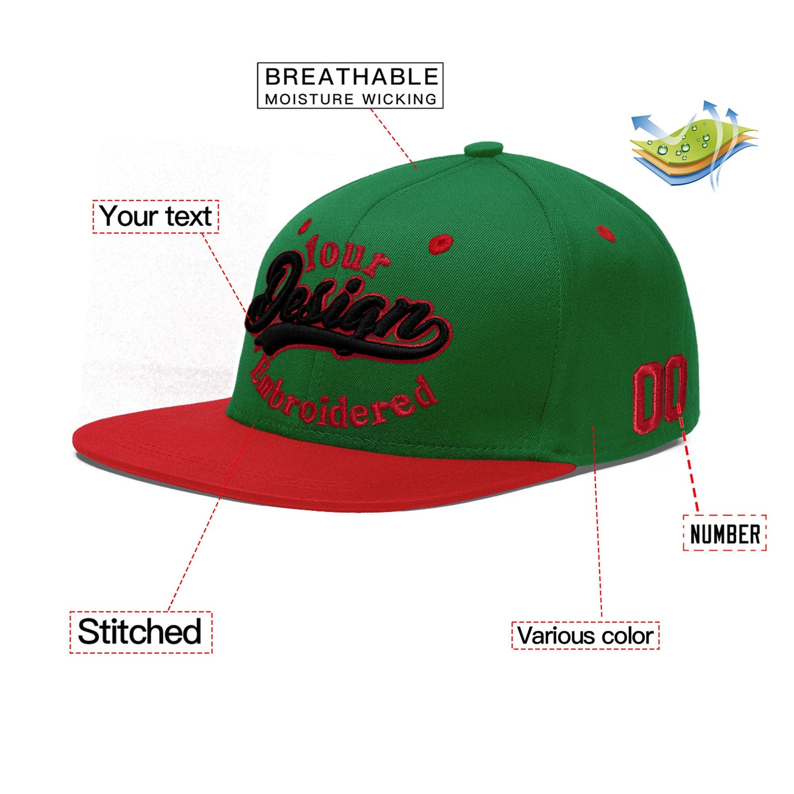 Custom Kelly Green Red 3D Puff Embroidery Flat Embroidery Casual Sport Baseball Cap