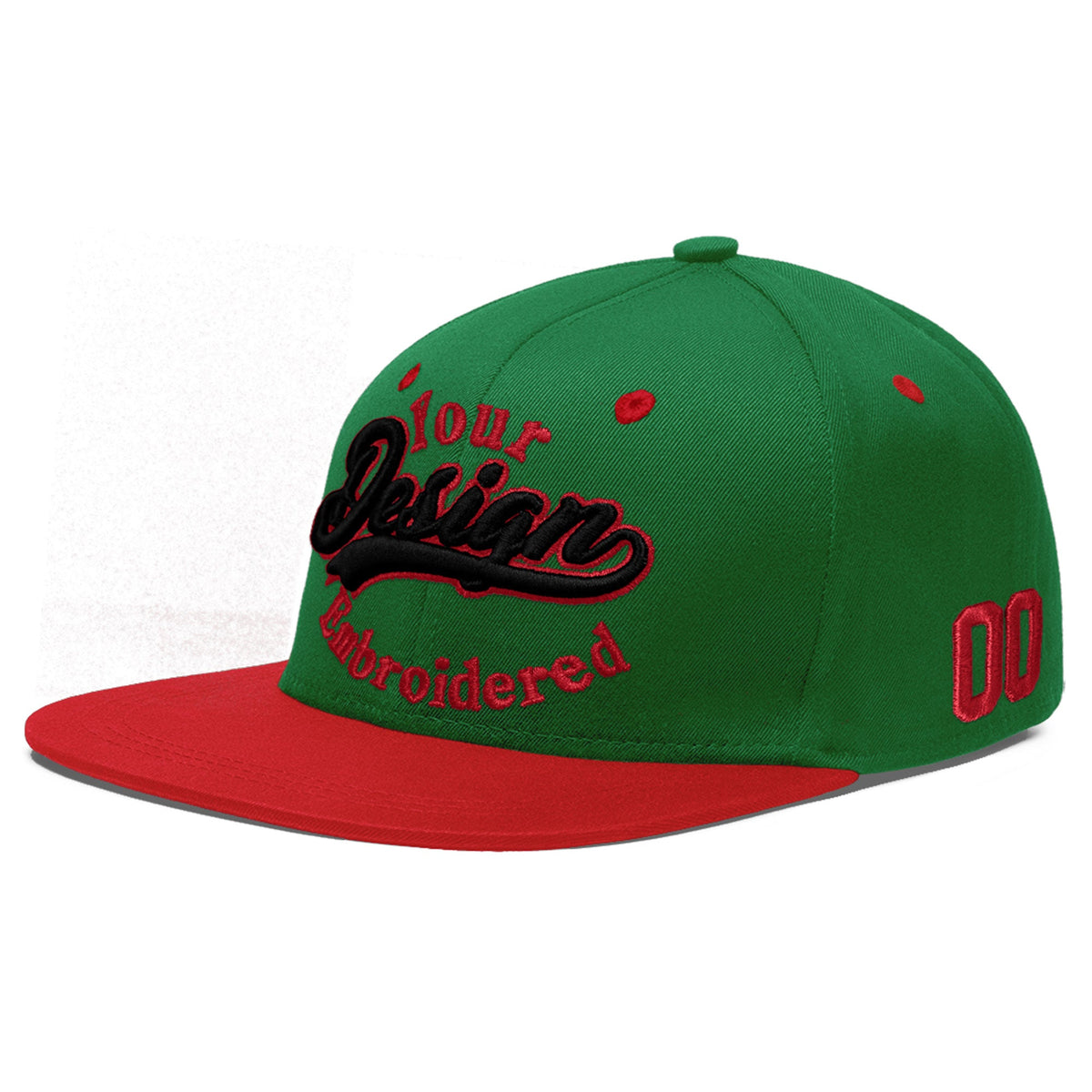 Custom Kelly Green Red 3D Puff Embroidery Flat Embroidery Casual Sport Baseball Cap