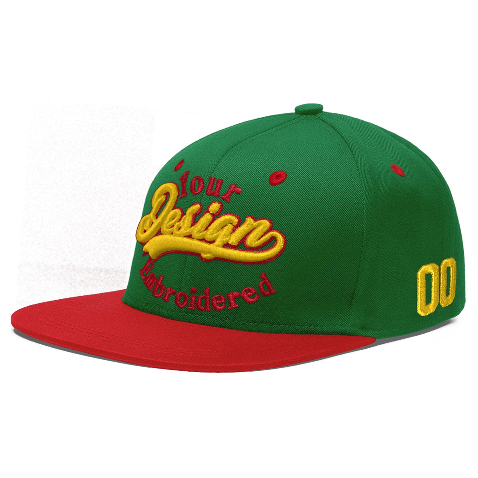 Custom Kelly Green Red 3D Puff Embroidery Flat Embroidery Casual Sport Baseball Cap