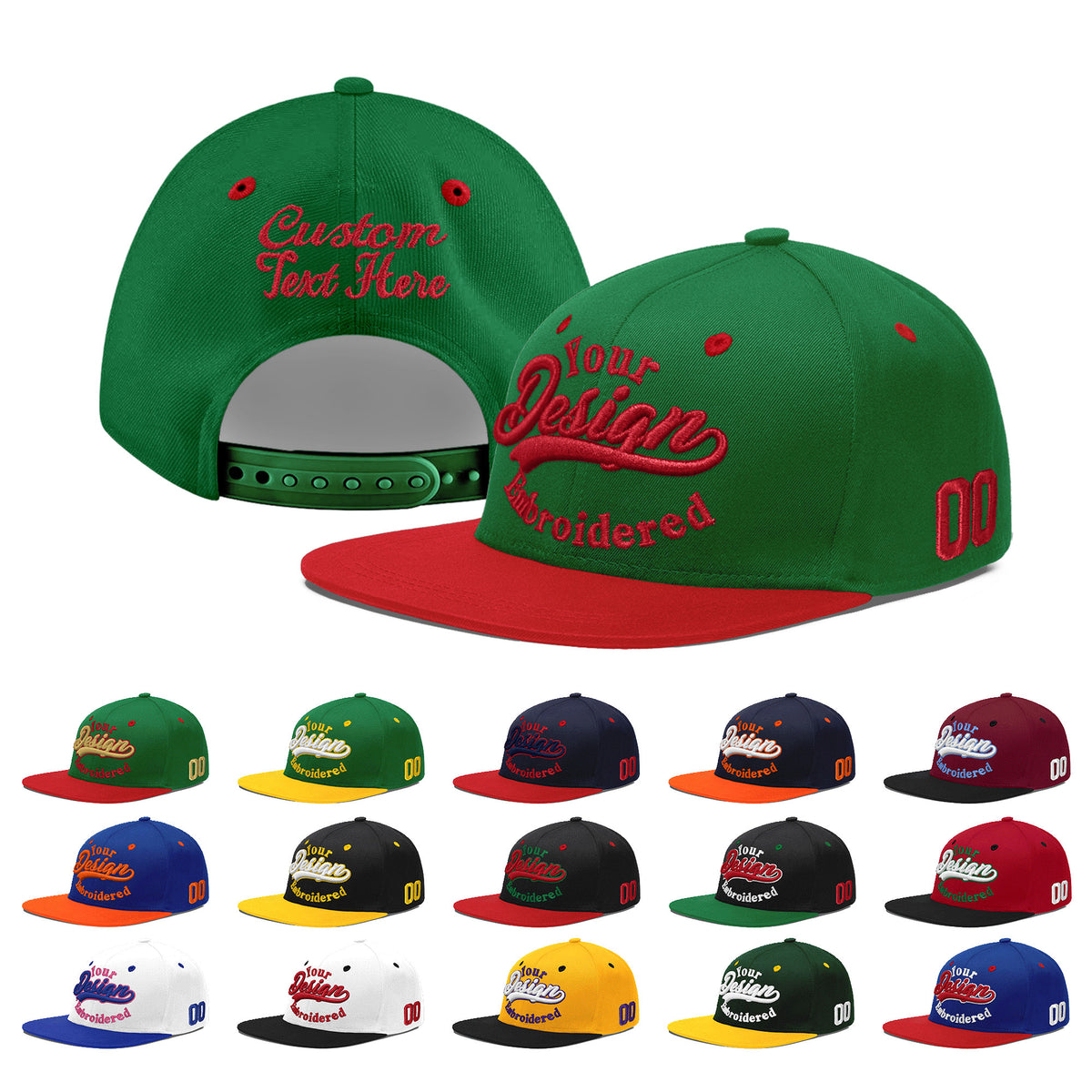 Custom Kelly Green Red 3D Puff Embroidery Flat Embroidery Casual Sport Baseball Cap