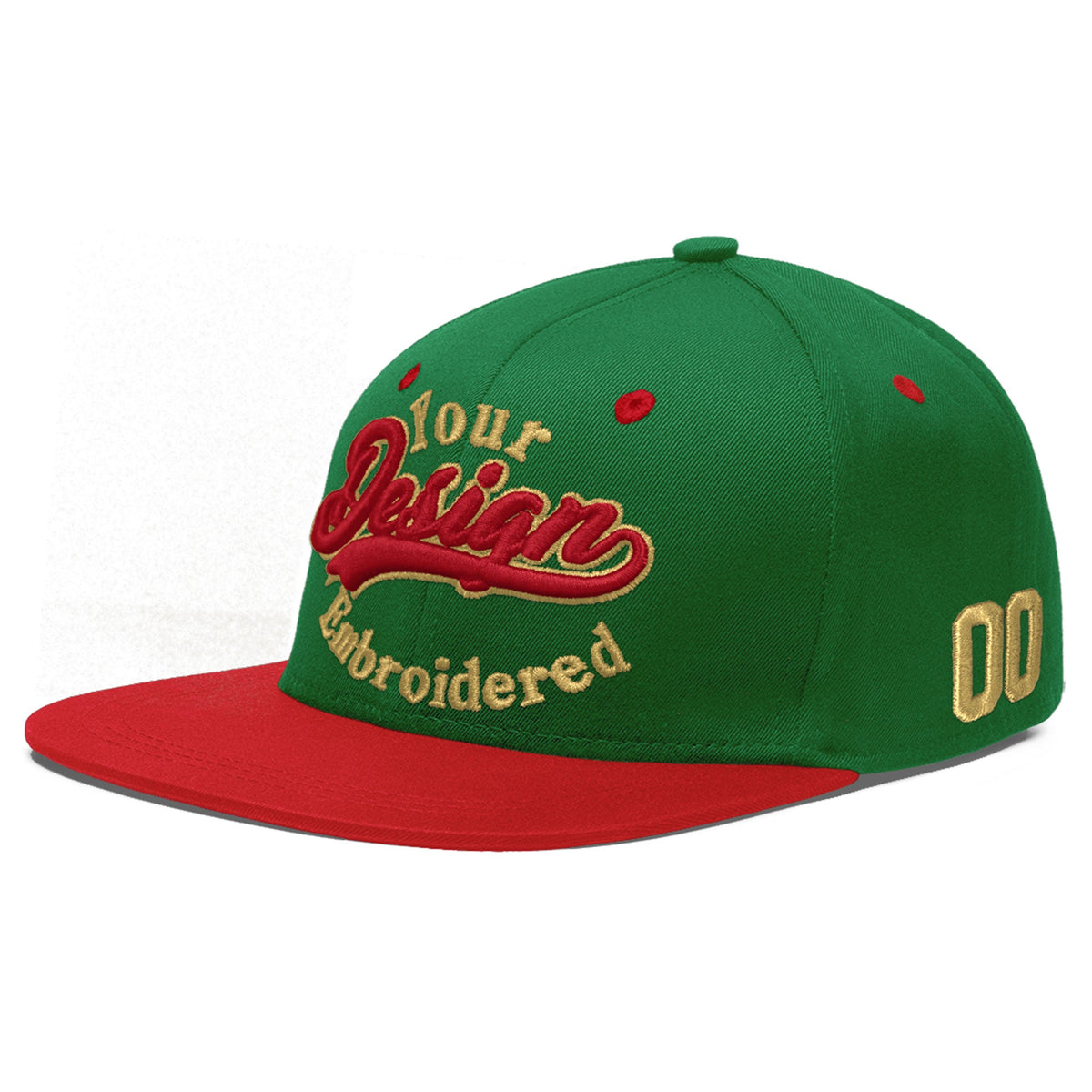 Custom Kelly Green Red 3D Puff Embroidery Flat Embroidery Casual Sport Baseball Cap