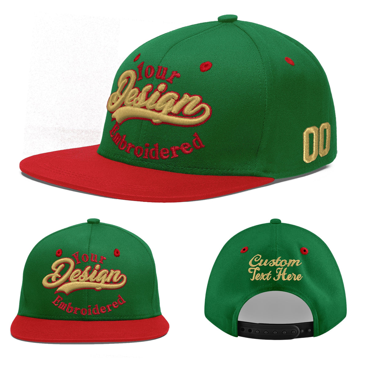 Custom Kelly Green Red 3D Puff Embroidery Flat Embroidery Casual Sport Baseball Cap