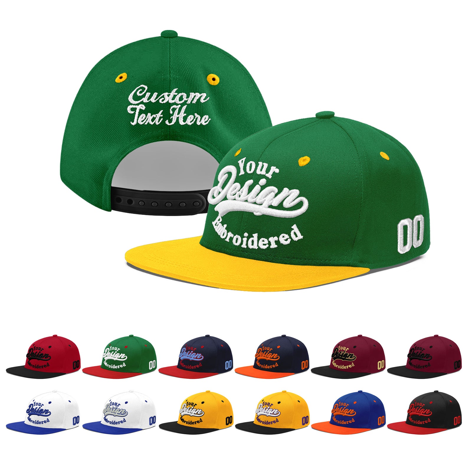 Custom Kelly Green Gold 3D Puff Embroidery Flat Embroidery Casual Sport Baseball Cap