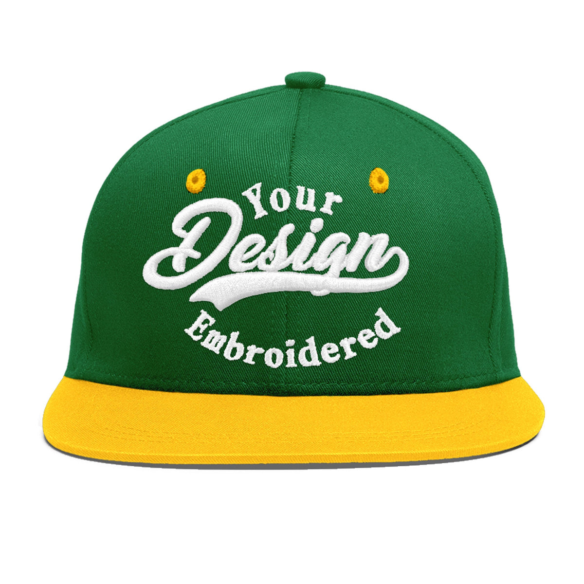Custom Kelly Green Gold 3D Puff Embroidery Flat Embroidery Casual Sport Baseball Cap