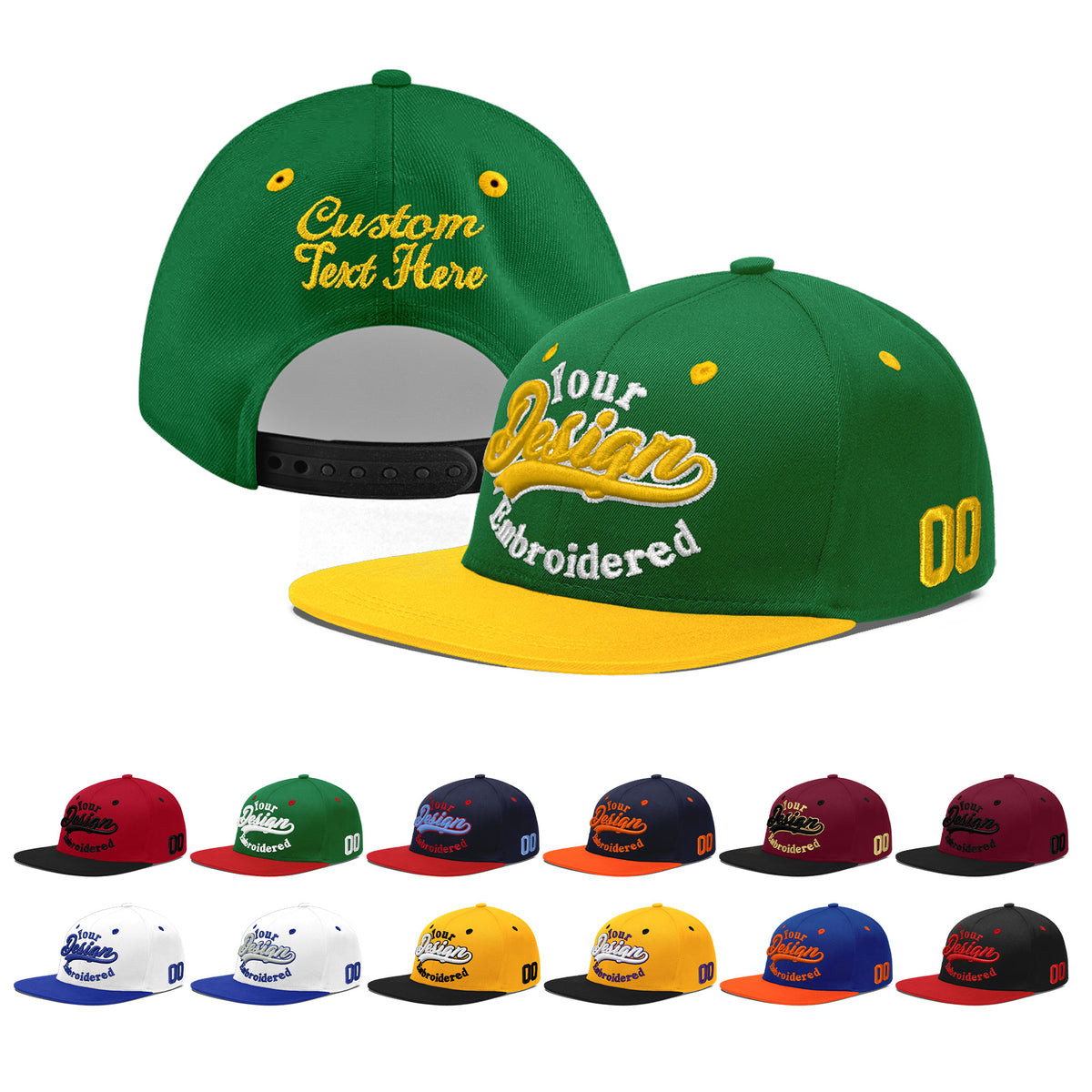 Custom Kelly Green Gold 3D Puff Embroidery Flat Embroidery Casual Sport Baseball Cap