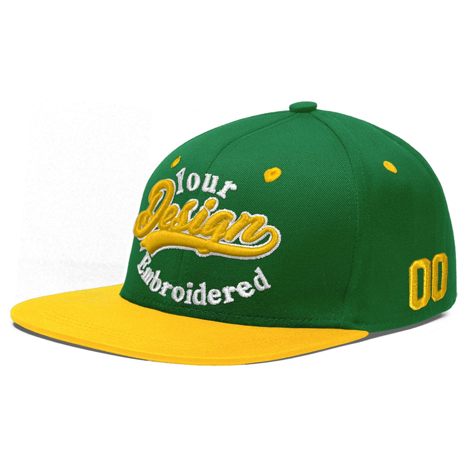 Custom Kelly Green Gold 3D Puff Embroidery Flat Embroidery Casual Sport Baseball Cap