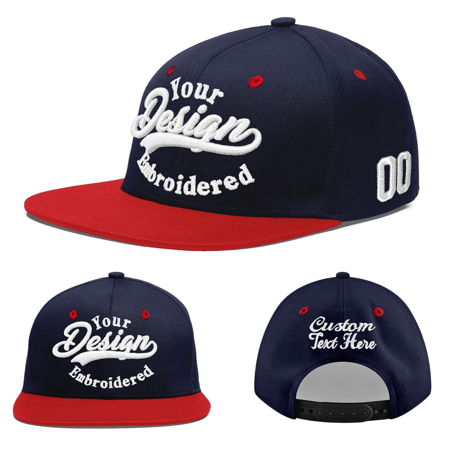 Custom Navy Red 3D Puff Embroidery Flat Embroidery Casual Sport Baseball Cap