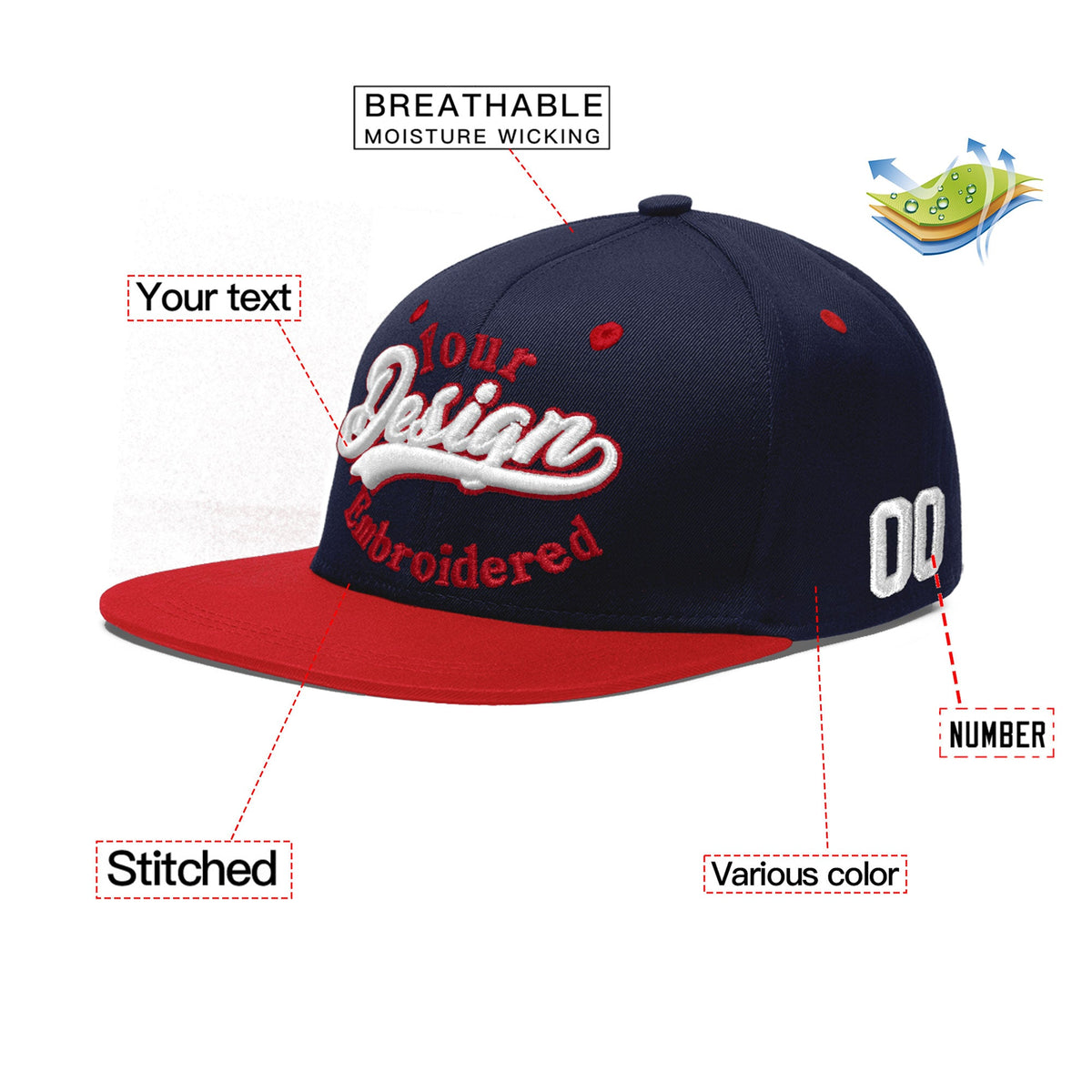 Custom Navy Red 3D Puff Embroidery Flat Embroidery Casual Sport Baseball Cap